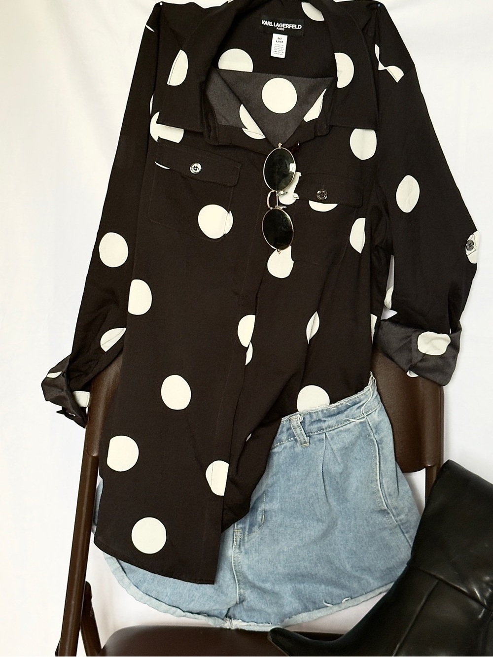 Karl Lagerfeld Paris Oversized Polka Dot Blouse — Medium